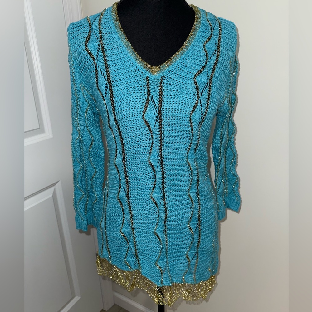 Alberto Makal blue and gold loose knit sweater